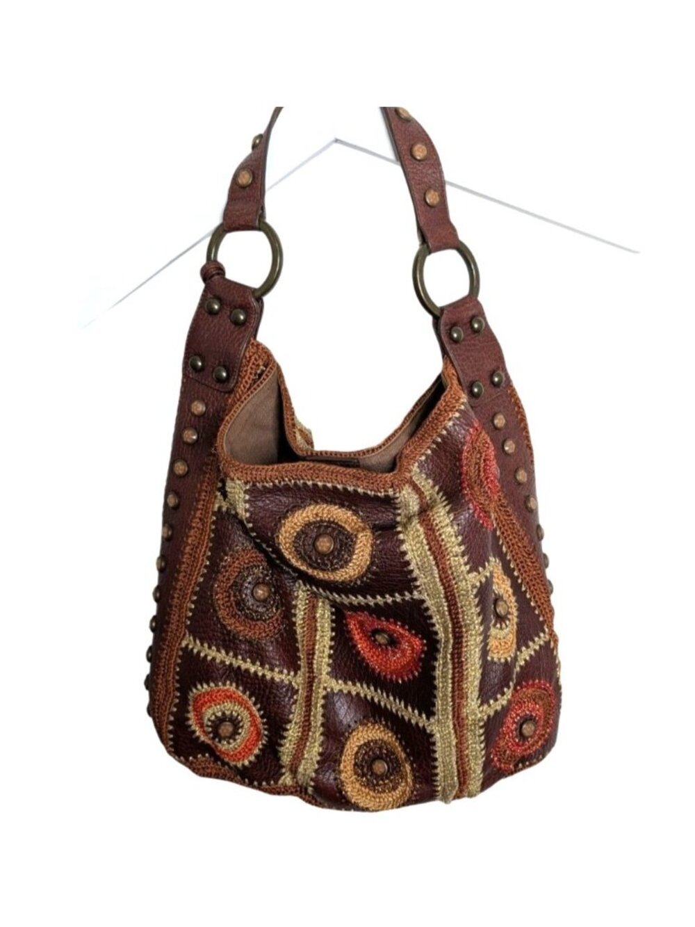 Isabella Fiore Brown Leather Studded Embroidered Shoulder Bag W Bohemian Design